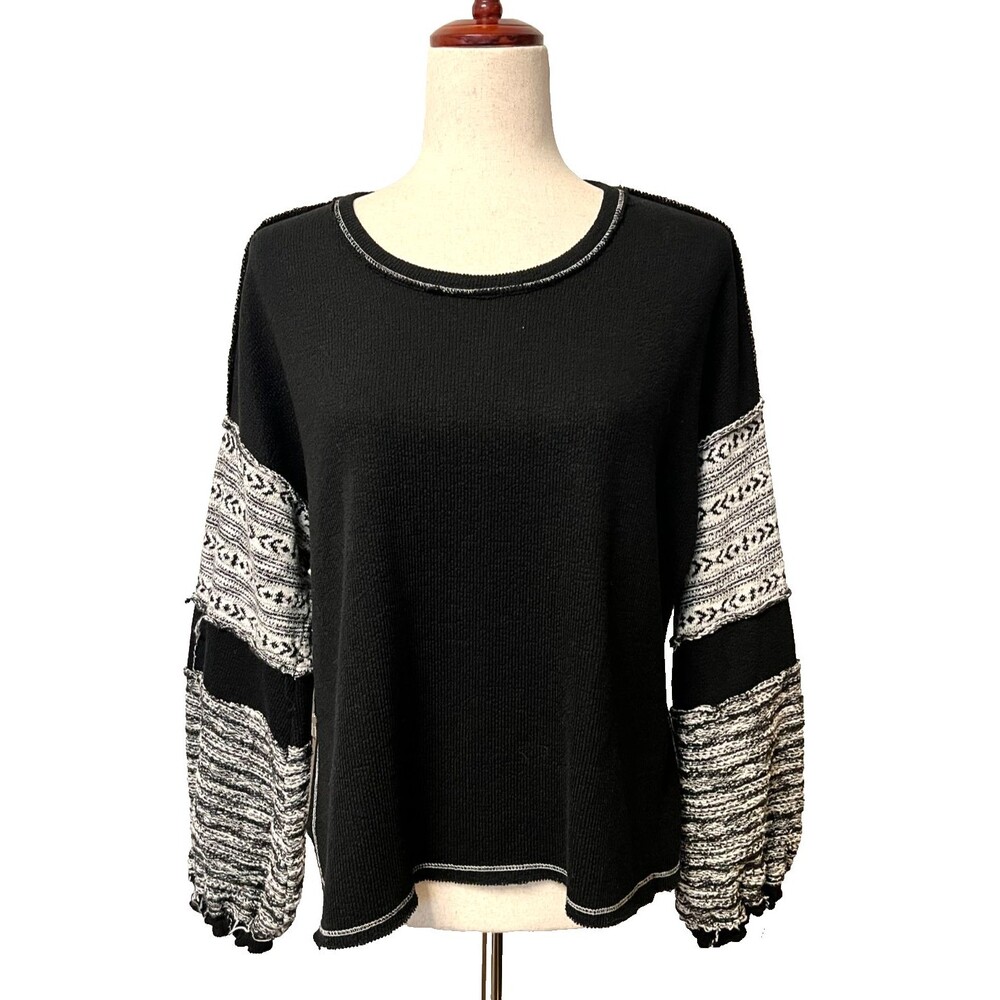 ANAMA Women's M Black Thermal Knit Sweater Top Bell Sleeves Raw Hems Keyhole Y2K